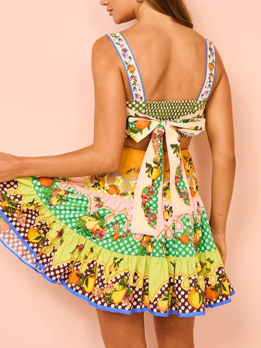 Effortless Multicolor Fruit Print Mini Dress for Women with Square Neck Sleeveless Cutout Tiered Bohemian Style