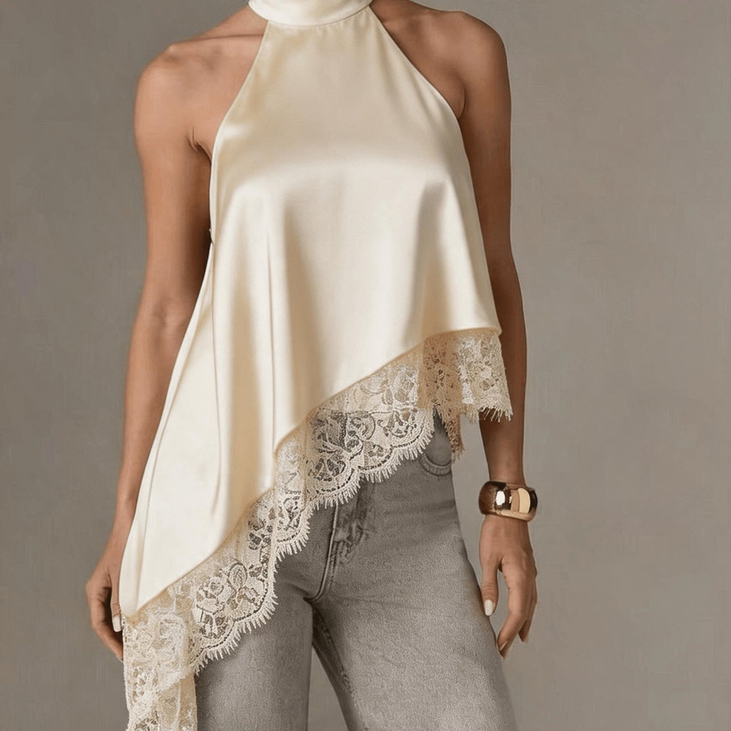 Elegant Satin Blouse for Women with Halter Neck Sleeveless Lace Trim Asymmetric Style
