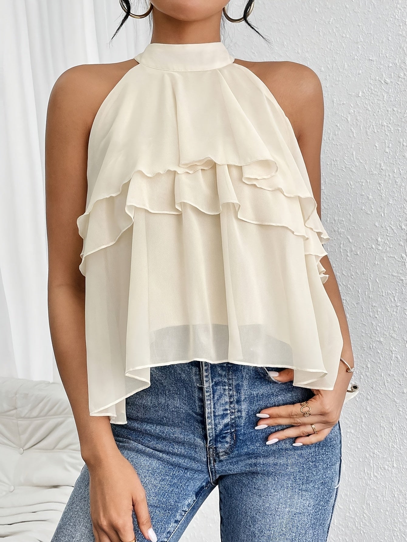 Elegant Beige Chiffon Blouse for Women with Halter Neck Tiered Ruffle Flowing Style