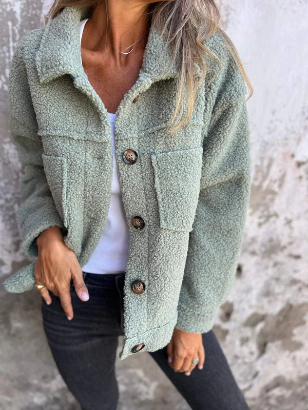 Comfortable Sherpa Fleece Jacket for Women with Collared Long Sleeve Button Front Relaxed Casual Style