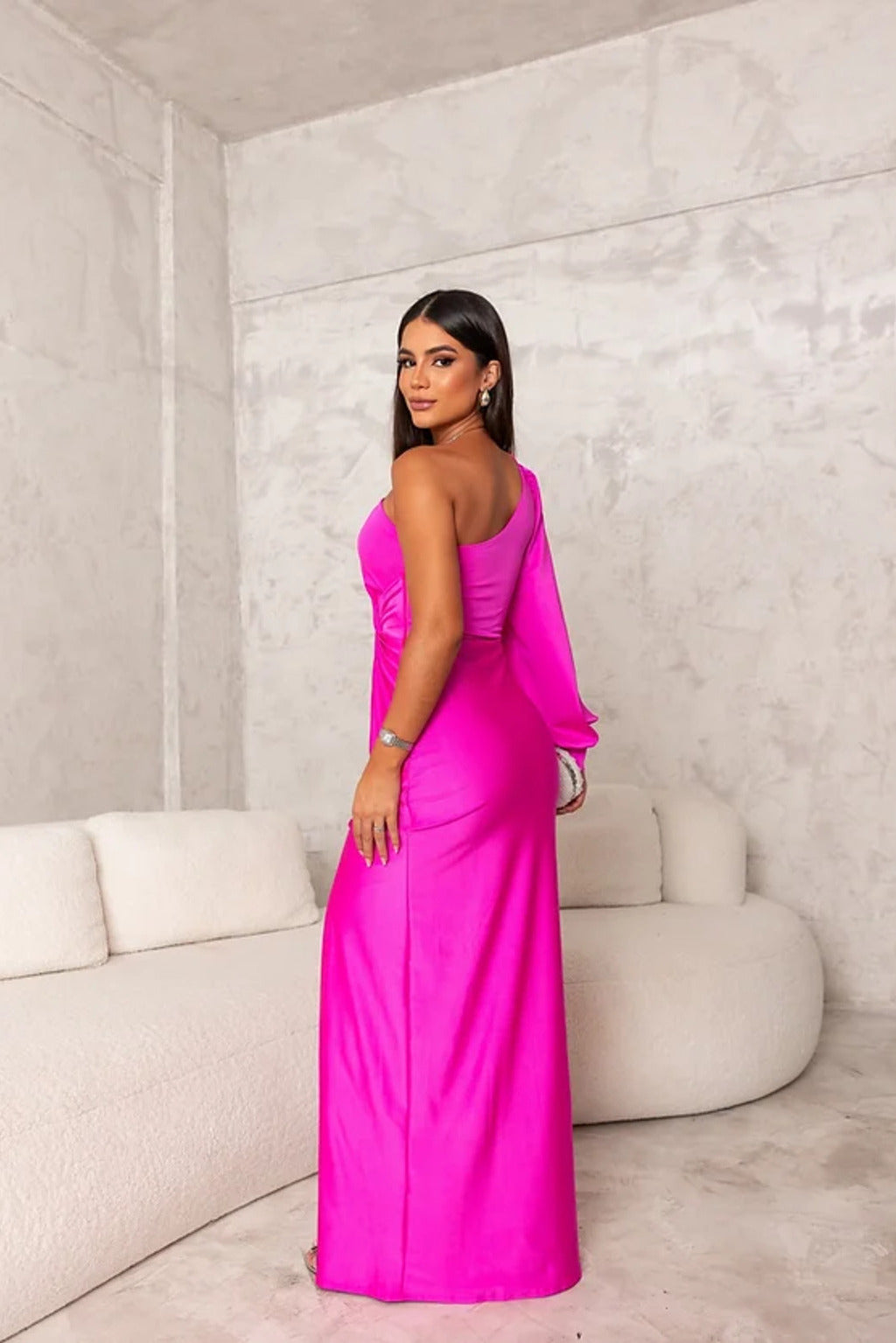 Elegant Satin Maxi Dress for Women with One Shoulder Long Sleeve Twist Front High Slit Formal Style