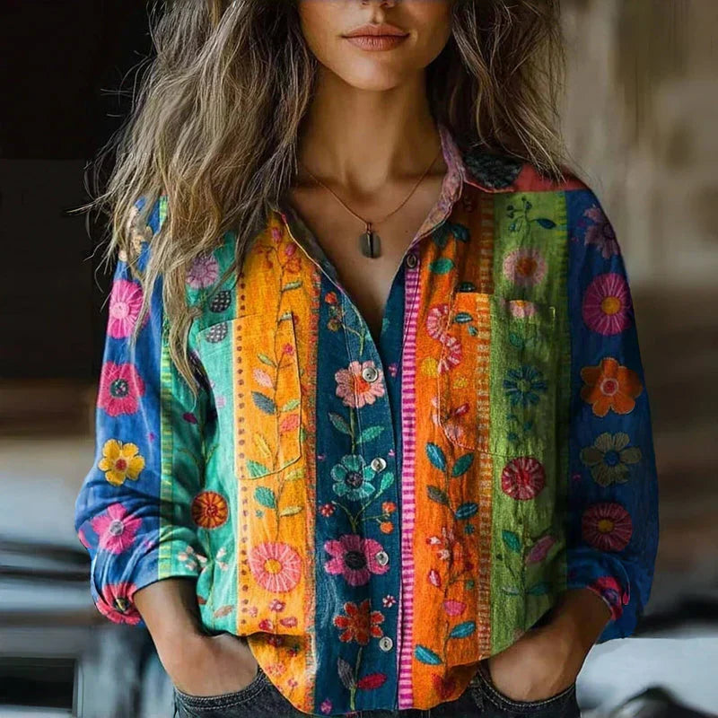 Effortless Boho Print Blouse for Women with Collar Long Sleeve Button Front Casual Style