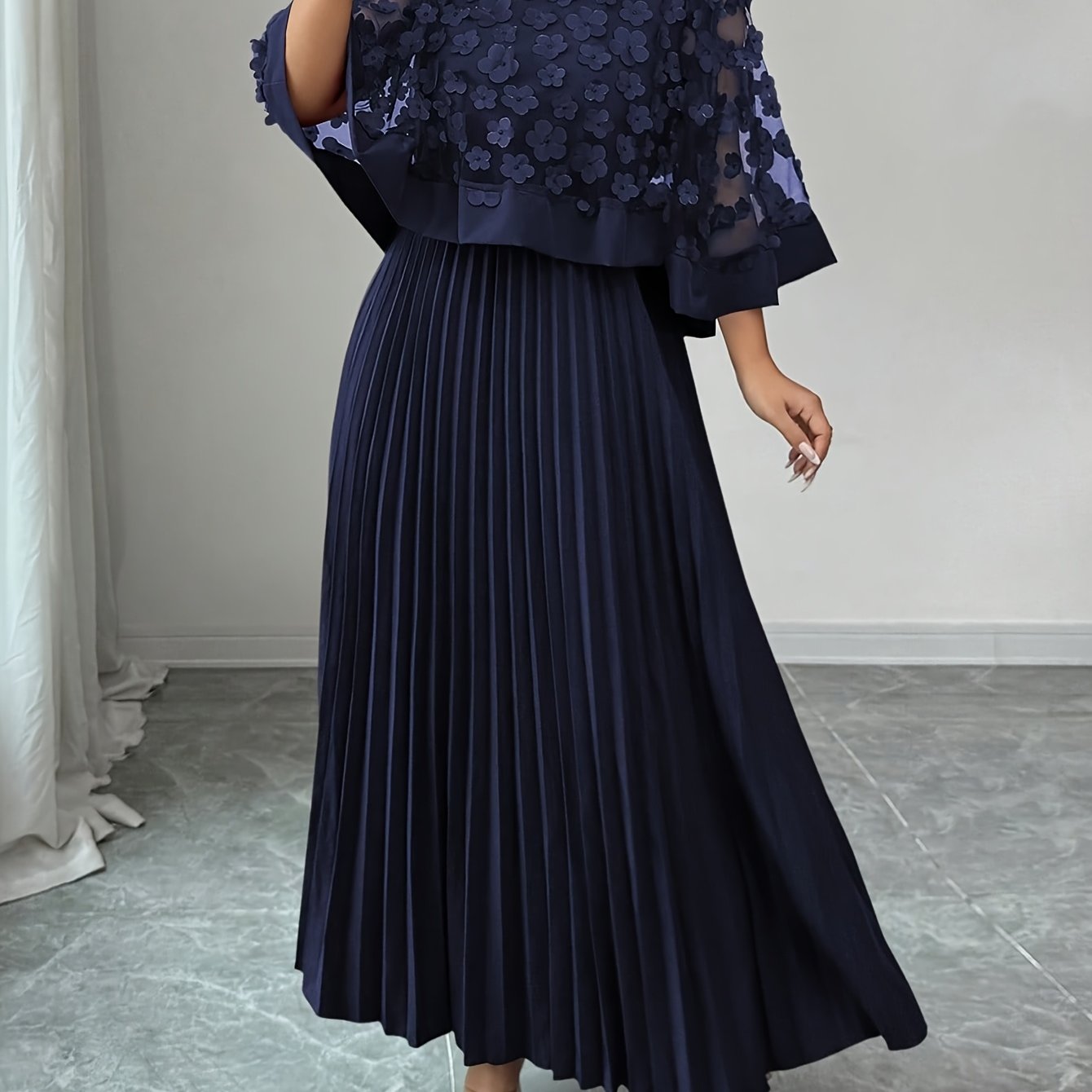 Elegant Floral Mesh Two Piece Set for Women with Round Neck Flutter Sleeve Pleated Maxi Skirt Formal Style