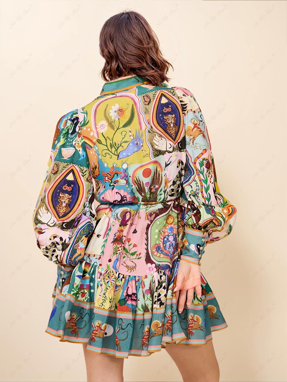 Effortless Multicolor Printed Mini Dress for Women with Stand Collar Balloon Sleeve Tiered Ruffle Bohemian Style