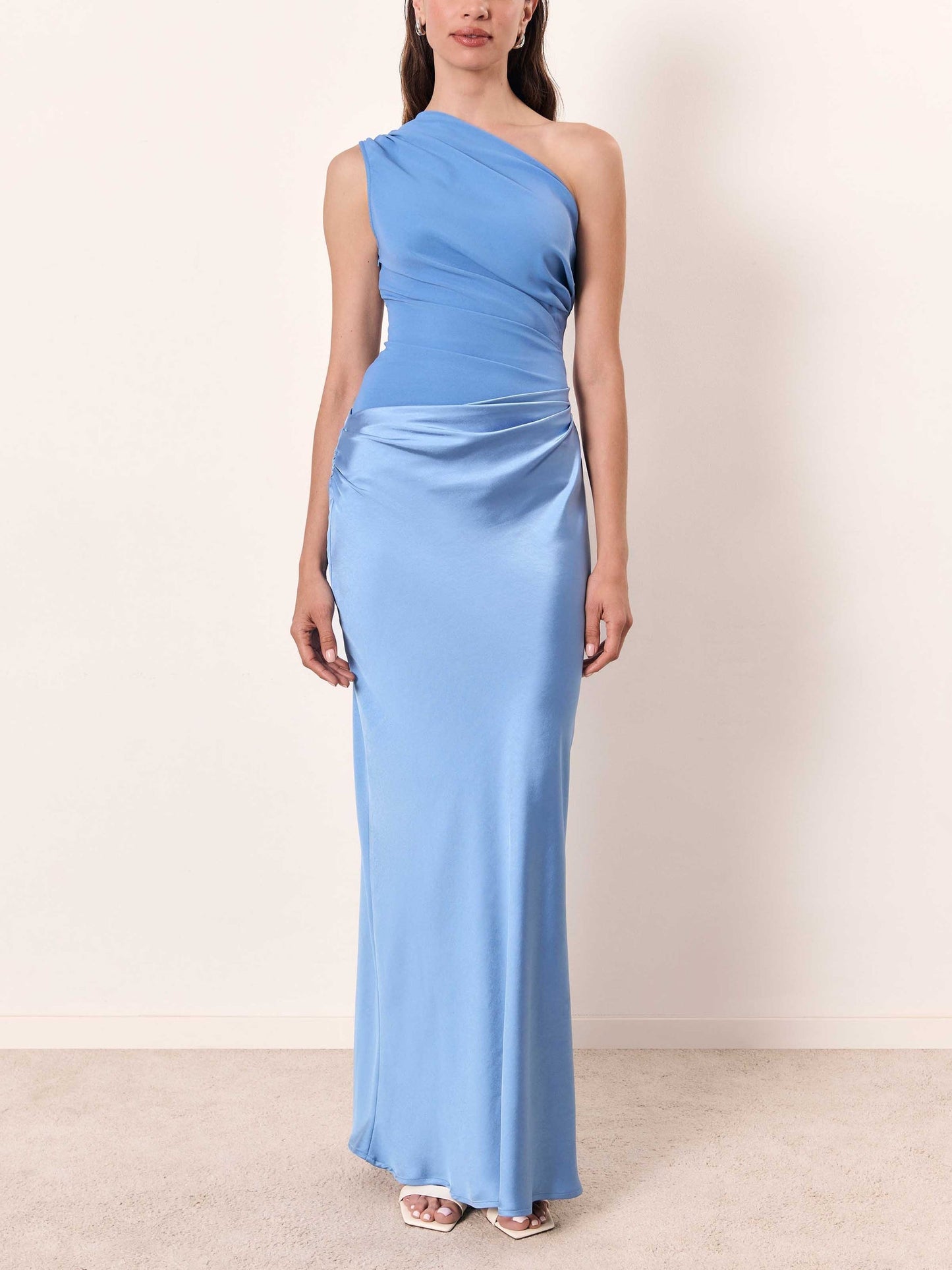 Elegant Satin Maxi Dress for Women with One Shoulder Ruched Mermaid Formal Wedding Guest Style