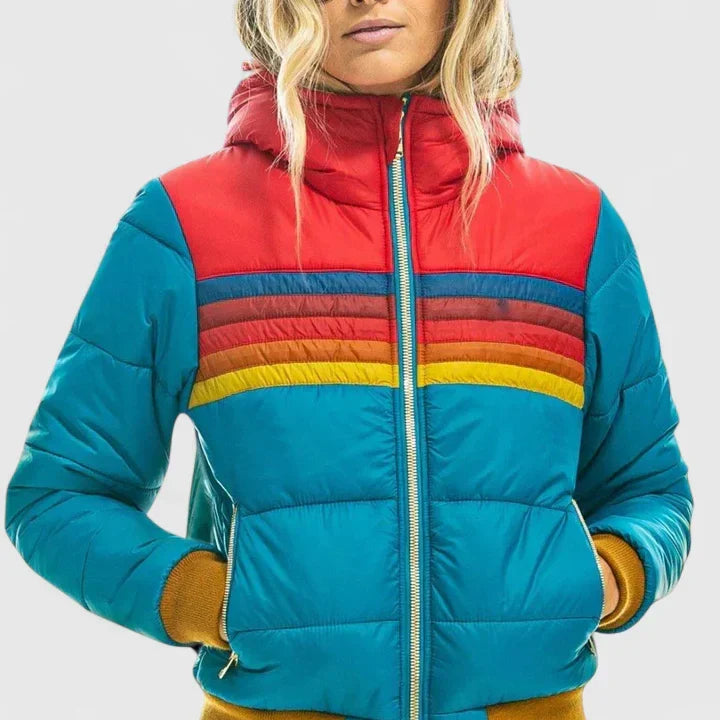 Effortless Rainbow Stripe Puffer Jacket for Women with Stand Collar Long Sleeve Zip Front Quilted Casual Style