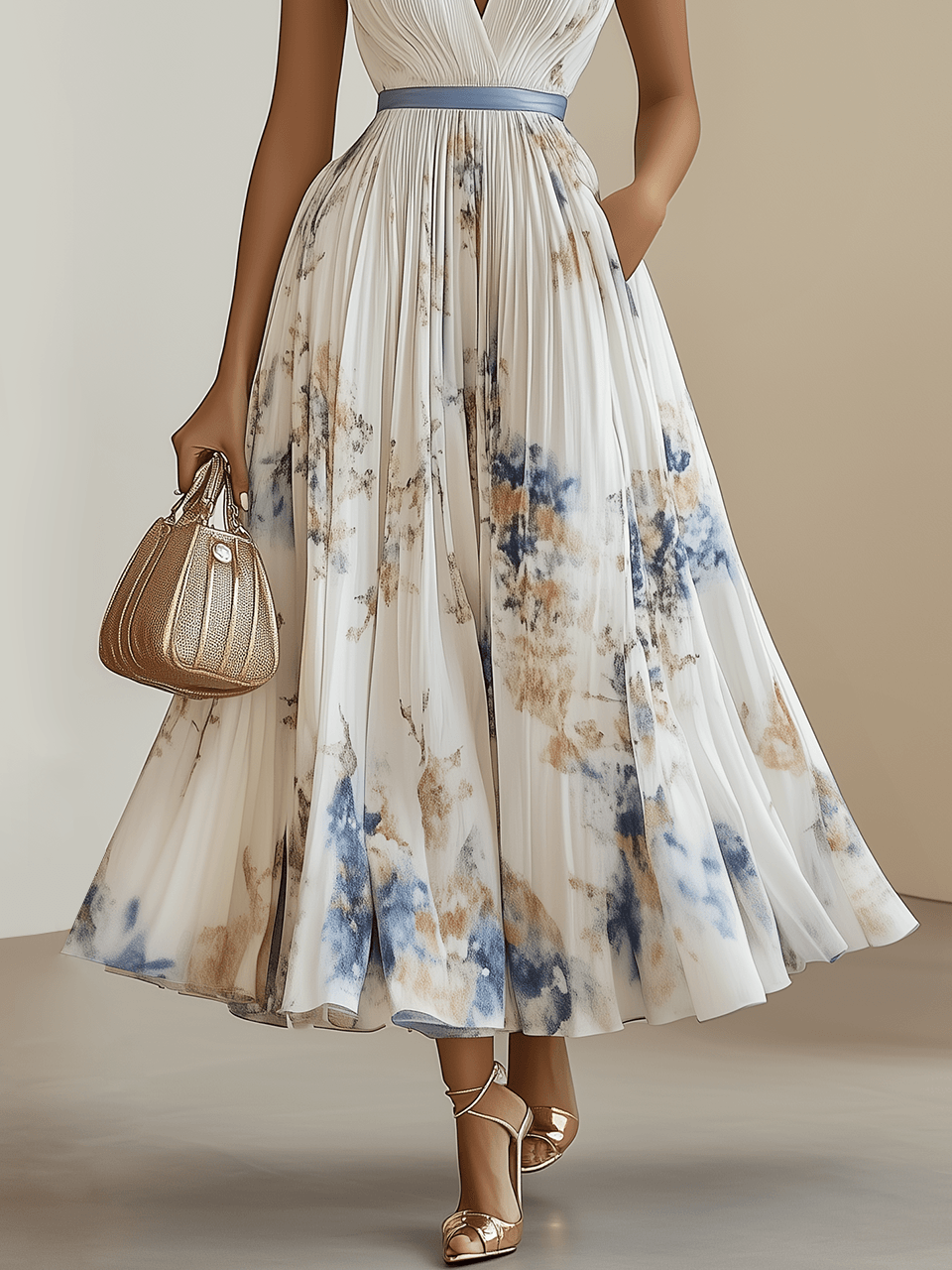 Elegant White Floral Midi Dress for Women with V Neck Sleeveless Pleated Belted Flowing Style