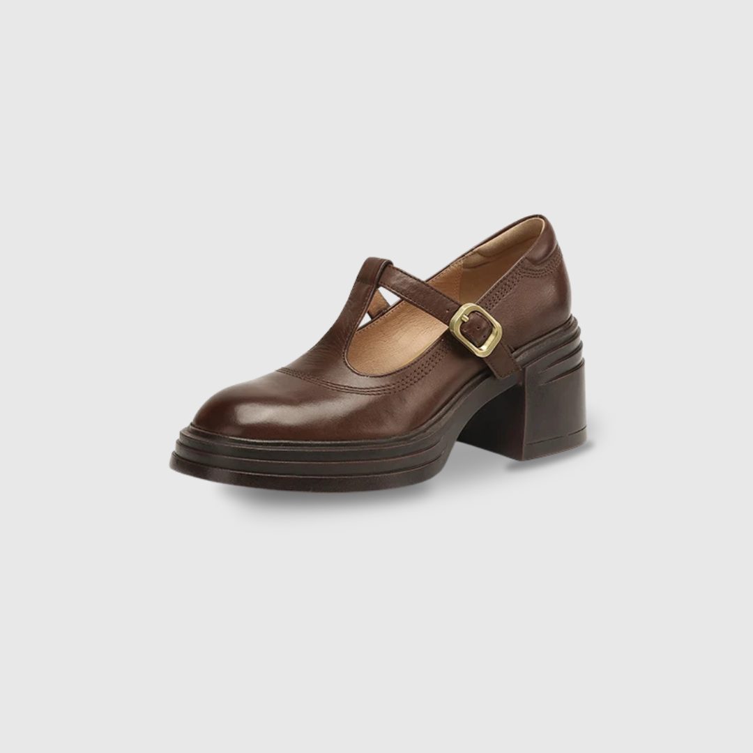 Elegant Leather Mary Jane Platform Heels for Women with T Strap Buckle Round Toe Chunky Heel Style