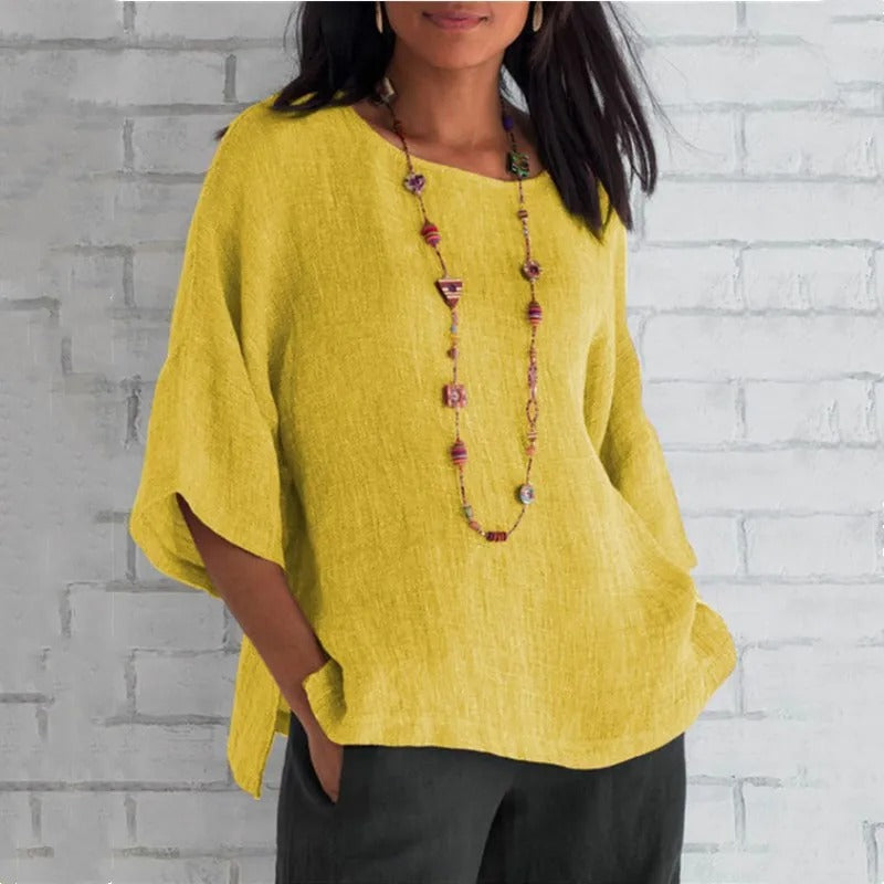 Effortless Linen Blouse for Women with Round Neck Batwing Sleeve Relaxed Oversized Style