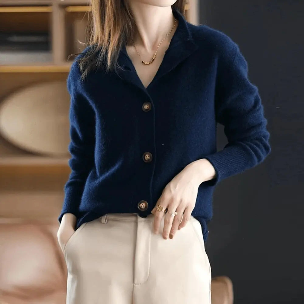 Comfortable Button Front Cardigan Sweater for Women with Stand Collar Long Sleeve Ribbed Cuff Cropped Style