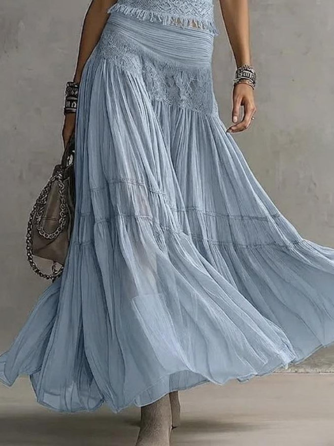 Effortless Blue Lace Maxi Skirt Set for Women with Round Neck Cap Sleeve Tiered Ruffle Boho Style