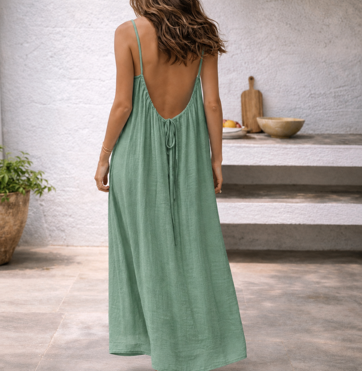 Effortless Linen Maxi Dress for Women with Scoop Neck Spaghetti Strap Flowing A Line Bohemian Style