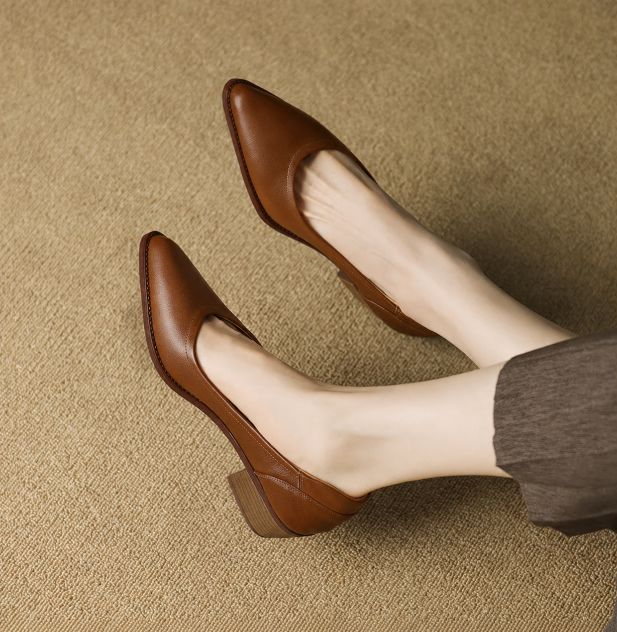 Elegant Leather Pointed Toe Pump for Women with V Cut Vamp Block Heel Slip On Casual Style
