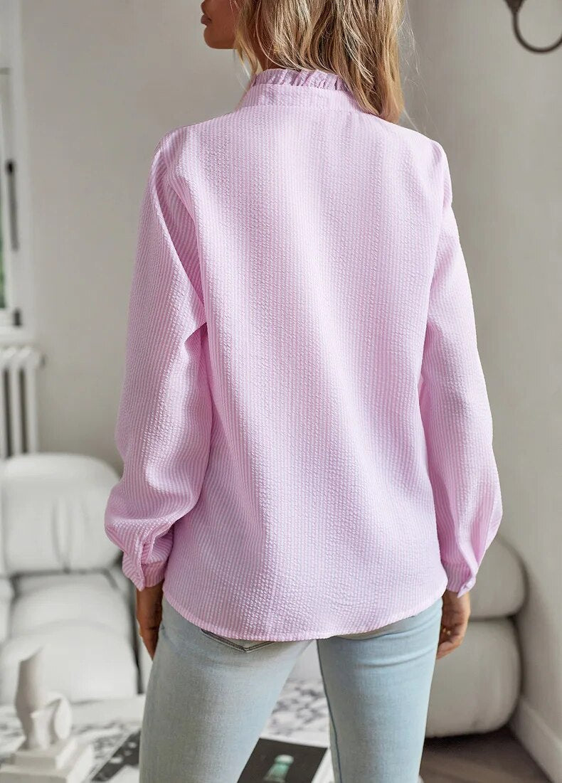 Effortless Ruffle Trim Blouse for Women with Stand Collar Long Sleeve Button Front Casual Style