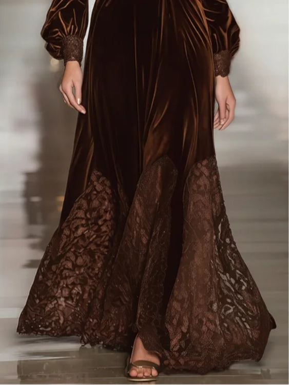Elegant Brown Velvet Maxi Dress for Women with High Neck Bishop Sleeve Lace Trim Flowing Style