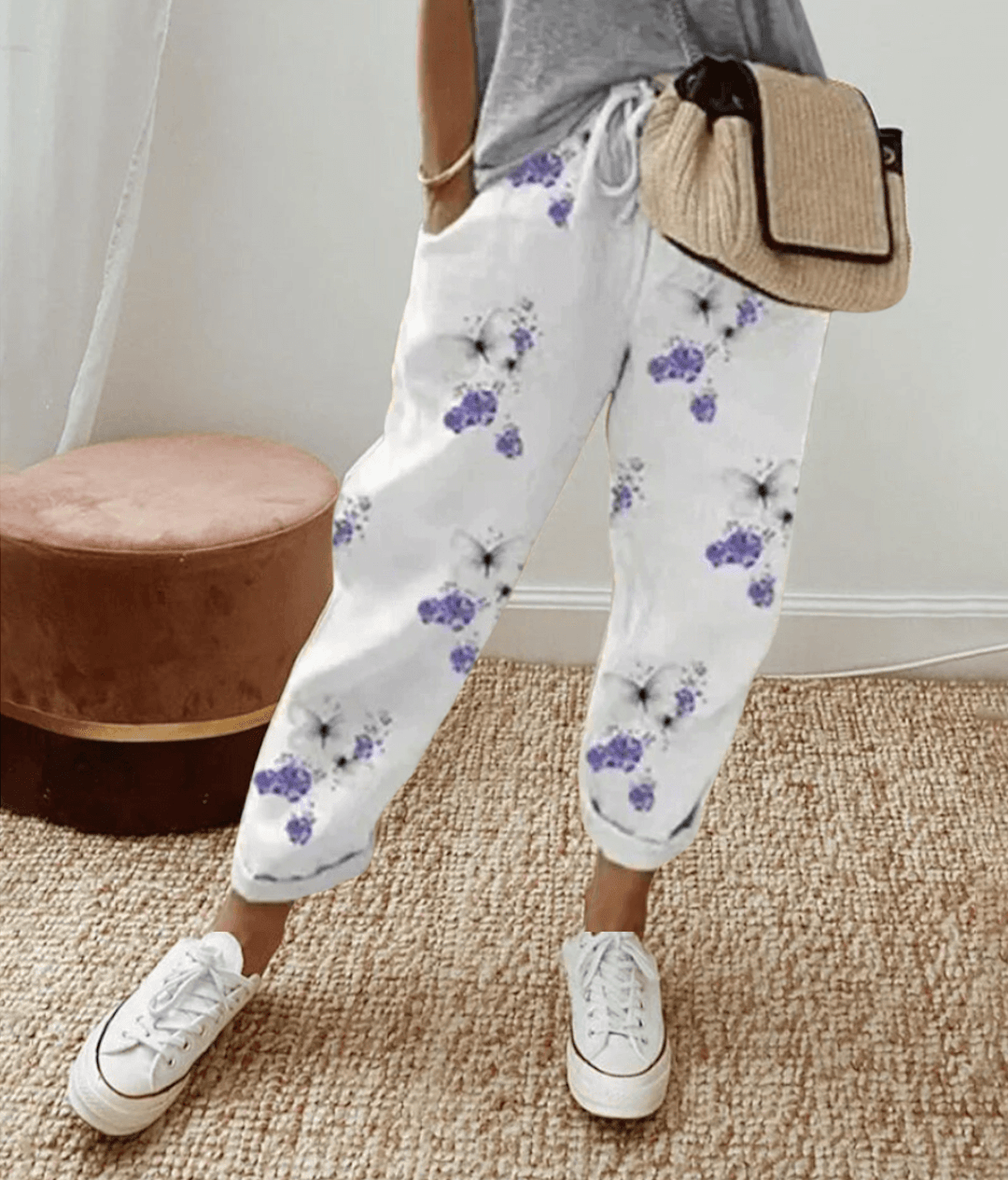 Effortless Printed Pants for Women with High Waist Drawstring Tapered Cuffed Hem Relaxed Casual Style
