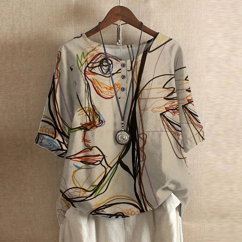 Effortless Patchwork Print Blouse for Women with Round Neck Elbow Sleeve Relaxed Boho Style