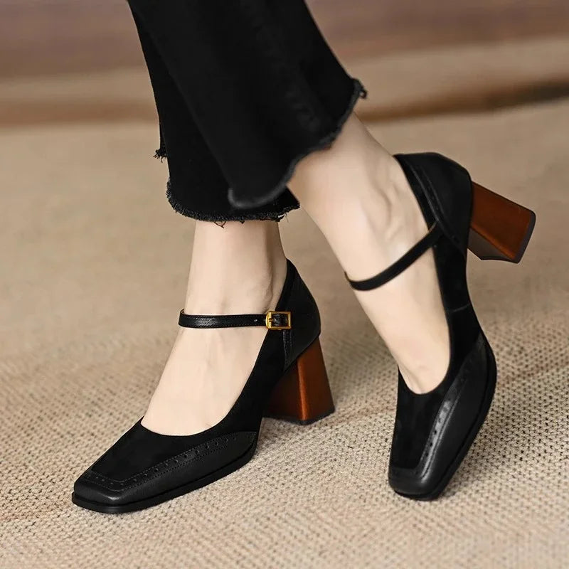 Elegant Brogue Mary Jane Pumps for Women with Square Toe Buckle Strap Block Heel Style