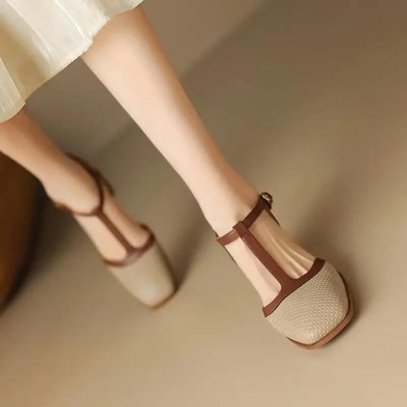 Elegant Perforated Leather T-Strap Sandal for Women with Square Toe Block Heel Buckle Mary Jane Style
