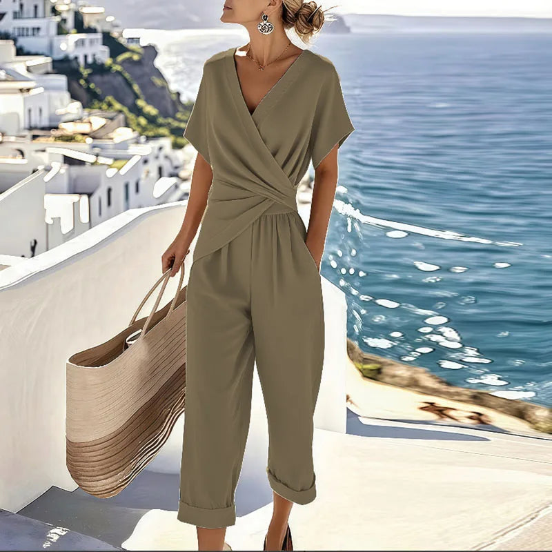 Effortless Wide Leg Jumpsuit for Women with V Neck Short Sleeve Wrap Waist Cropped Style