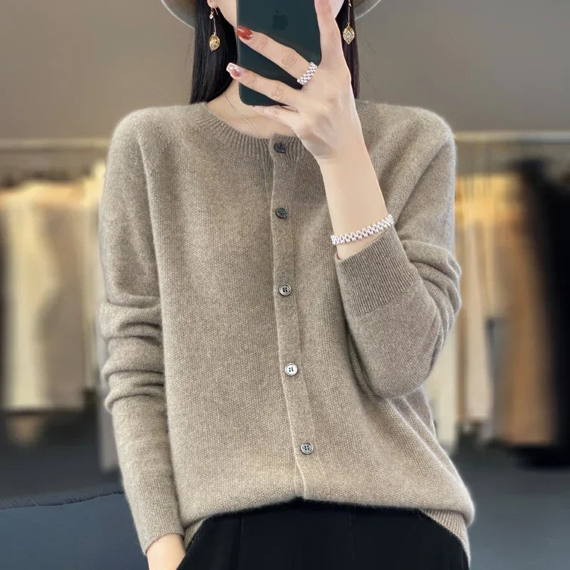 Comfortable Knit Cardigan Sweater for Women with Round Neck Long Sleeve Button Front Relaxed Style