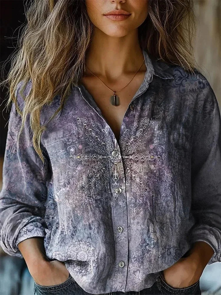 Effortless Floral Print Blouse for Women with Collar Long Sleeve Button Front Relaxed Boho Style