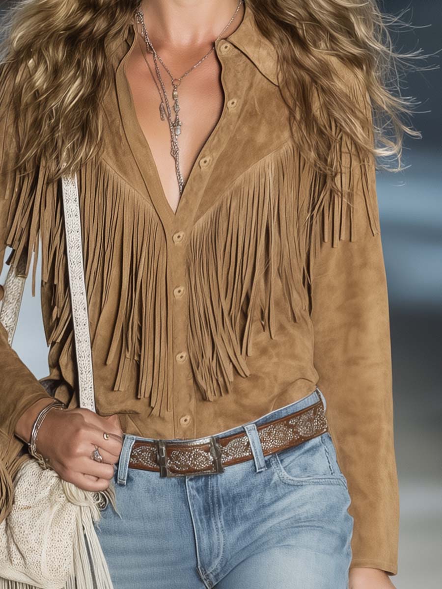 Effortless Light Brown Suede Fringe Blouse for Women with Collar Long Sleeve Button Front Western Bohemian Style