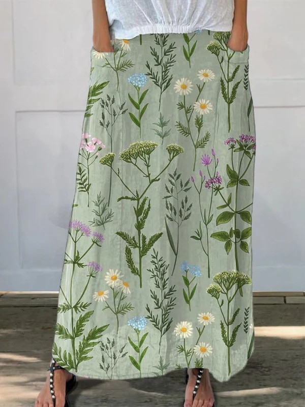 Effortless Green Floral Maxi Skirt for Women with High Waist A Line Pocket Flowing Style