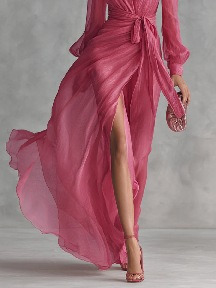 Elegant Pink Chiffon Wrap Maxi Dress for Women with Plunge Neck Long Sleeve Thigh Slit Flowing Style