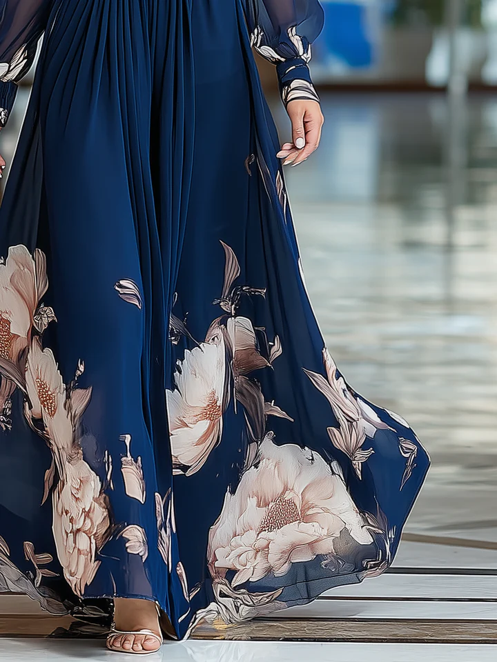 Elegant Navy Floral Maxi Dress for Women with V Neck Bishop Sleeve Ruched Waist Formal Wedding Guest Style