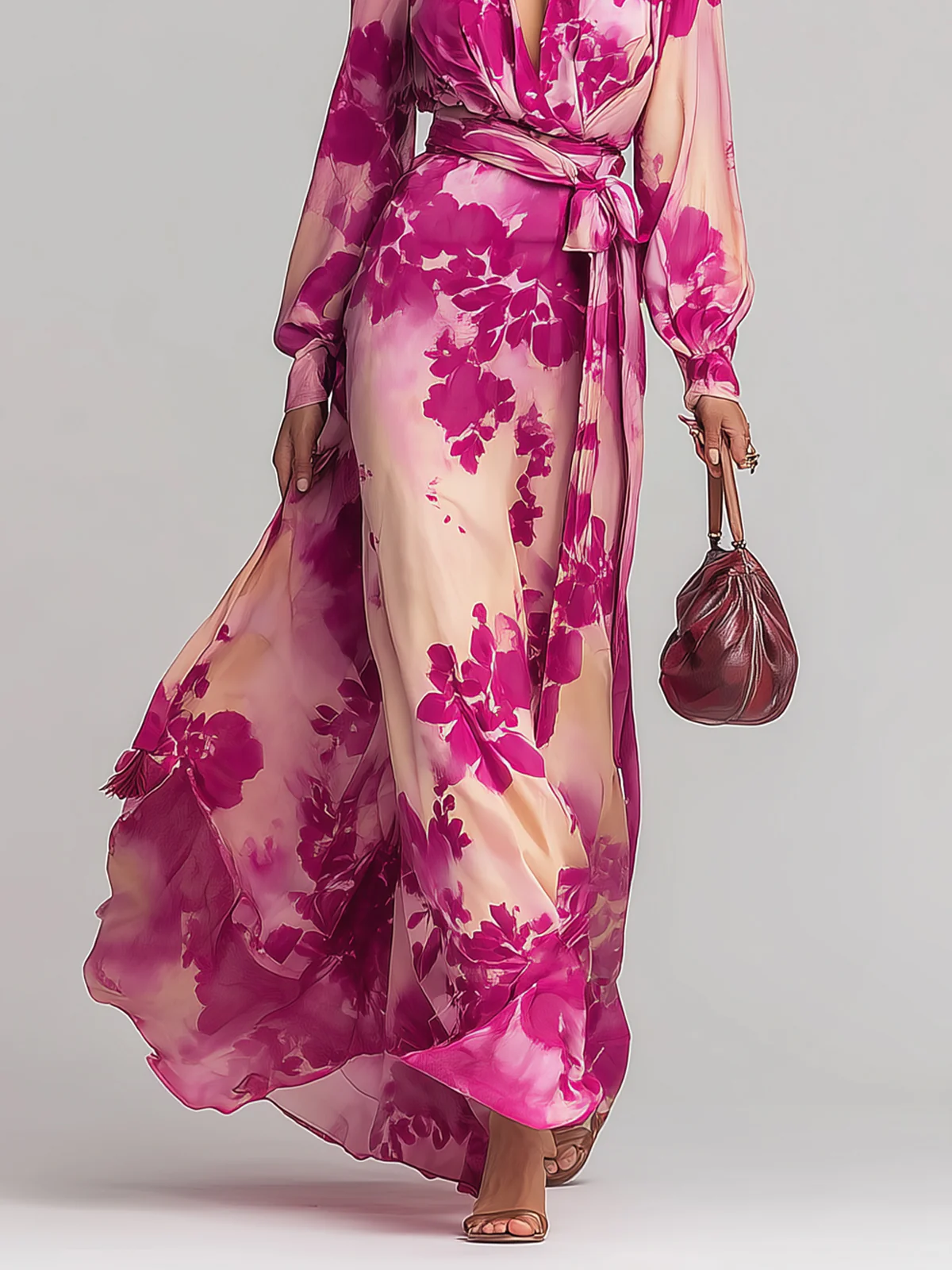Elegant Rose Red Floral Maxi Dress for Women with V Neck Bishop Sleeve Wrap Belted Flowing Style