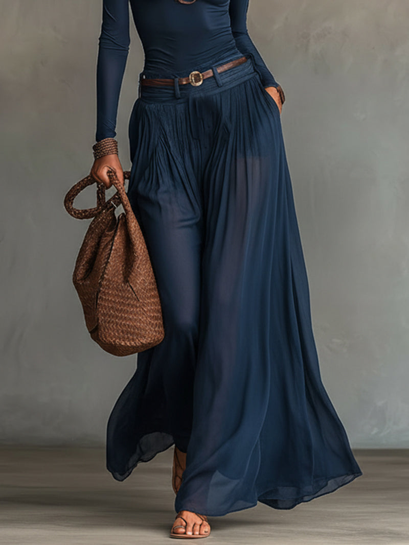 Effortless Navy Wide Leg Set for Women with Asymmetric Neck Long Sleeve Ruched Sheer Flowing Bohemian Style