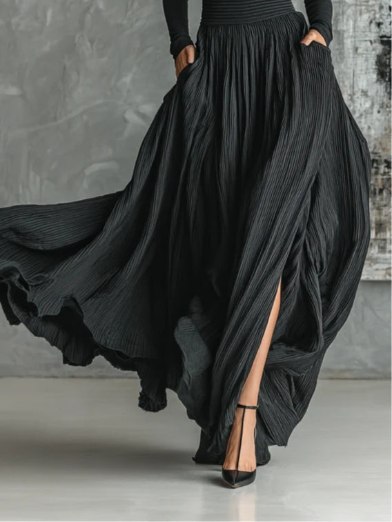 Elegant Black Pleated Two Piece Set for Women with High Neck Long Sleeve Maxi Skirt Slit Flowing Style