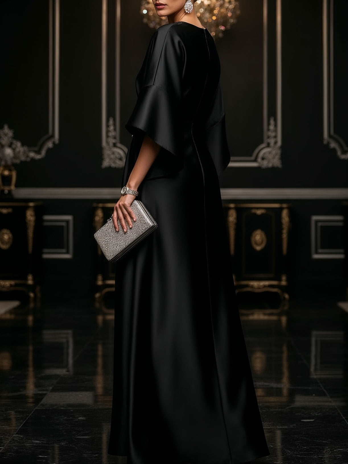 Elegant Satin Maxi Dress for Women with Round Neck Flutter Sleeve Draped Formal Wedding Guest Style