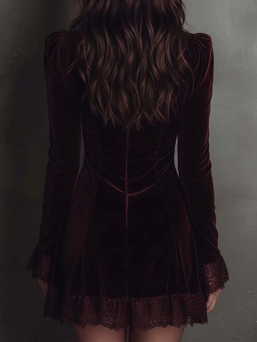 Elegant Burgundy Velvet Mini Dress for Women with V Neck Long Sleeve Lace Trim Cocktail Style