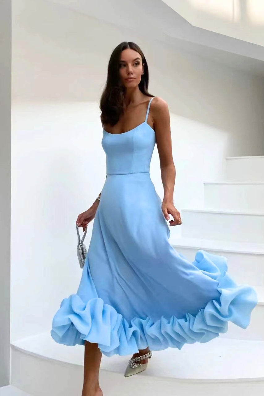 Elegant Ruffle Hem Midi Dress for Women with Square Neck Spaghetti Strap Flowing A Line Style