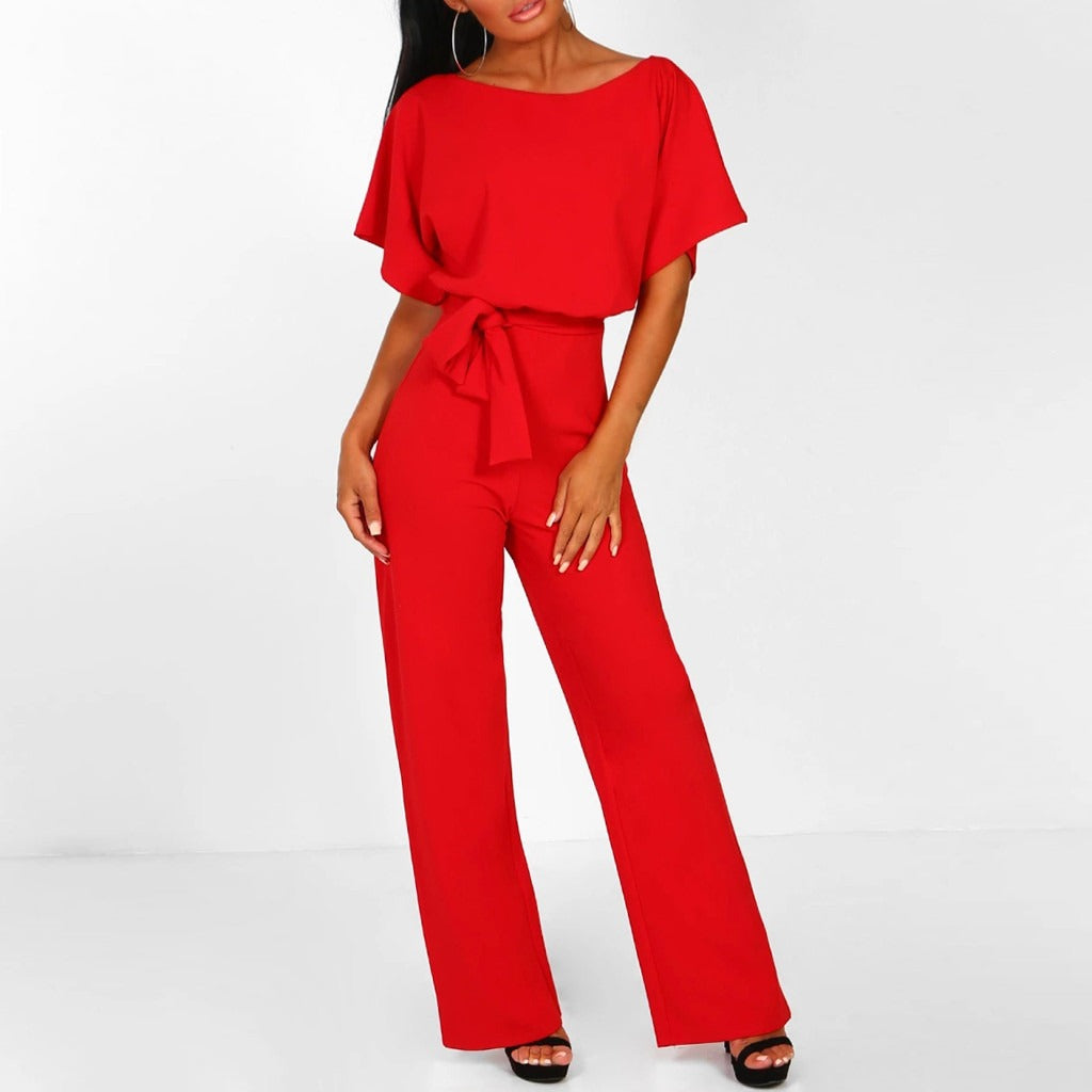 Elegant Wide Leg Jumpsuit for Women with Boat Neck Batwing Sleeve Belted Relaxed Style