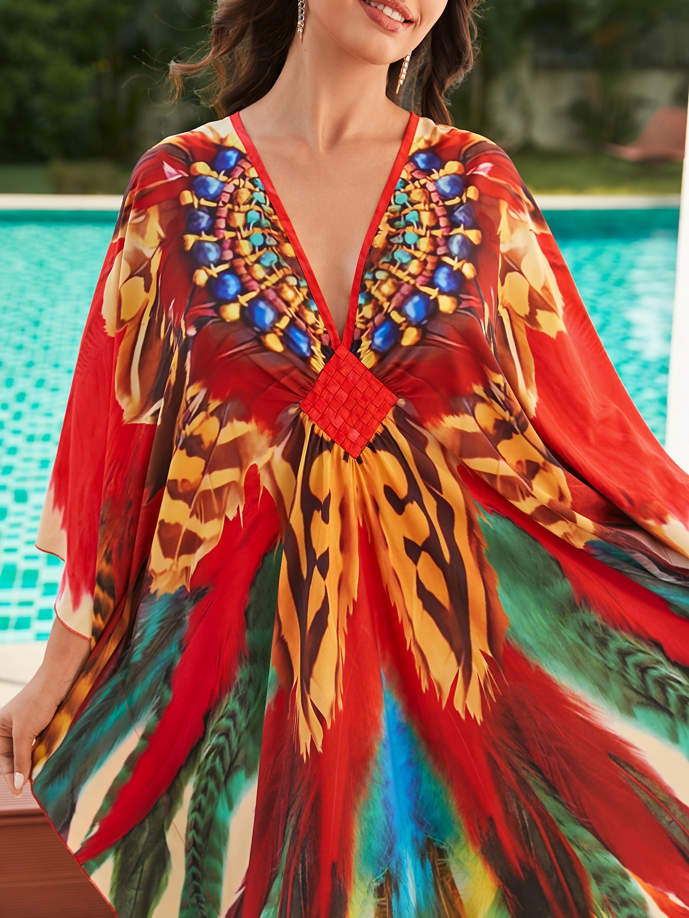 Elegant Multicolor Maxi Dress for Women with Feather Print Kaftan Batwing Sleeve Flowing Style