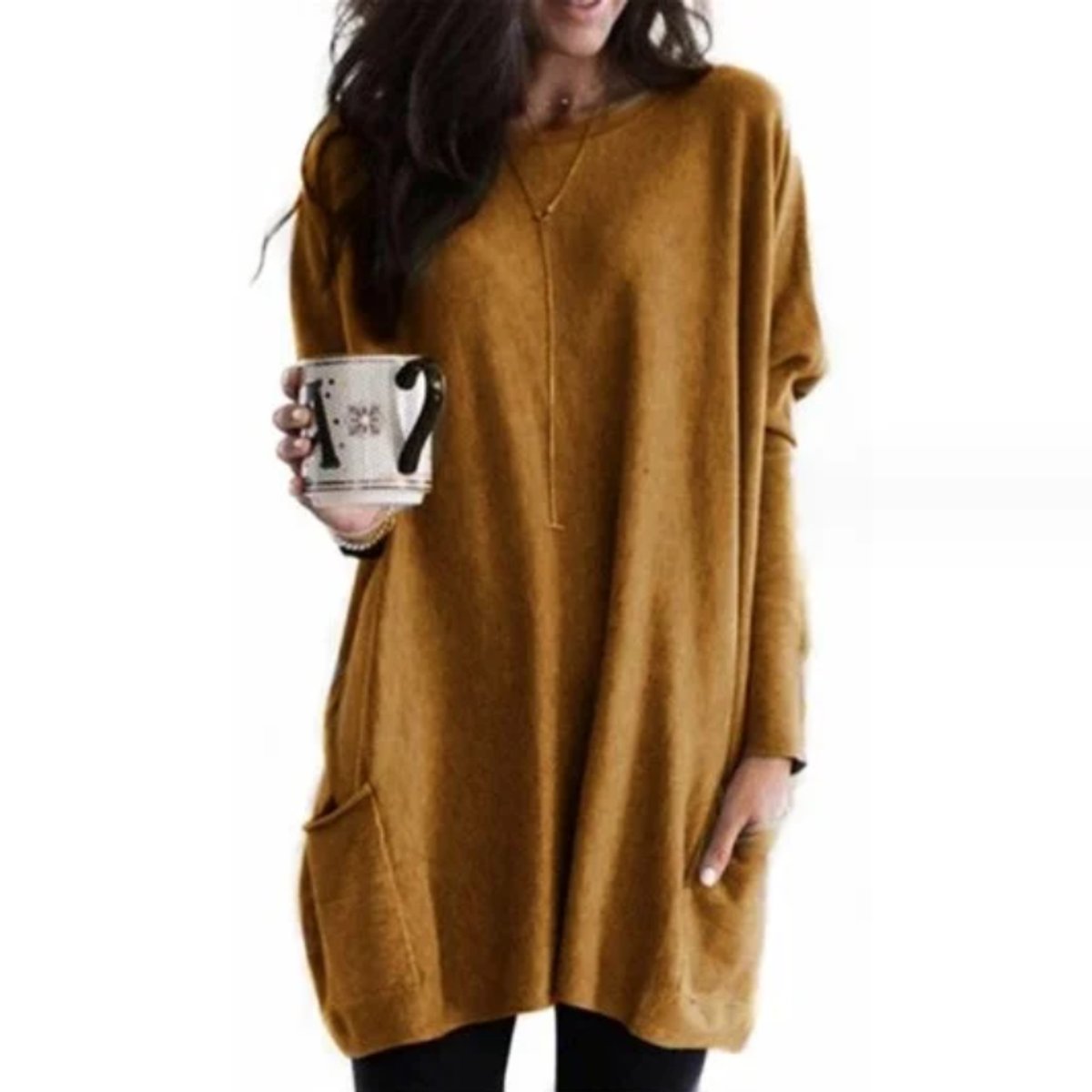 Comfortable Knit Tunic Dress for Women with Round Neck Long Sleeve Relaxed Pocket Oversized Style