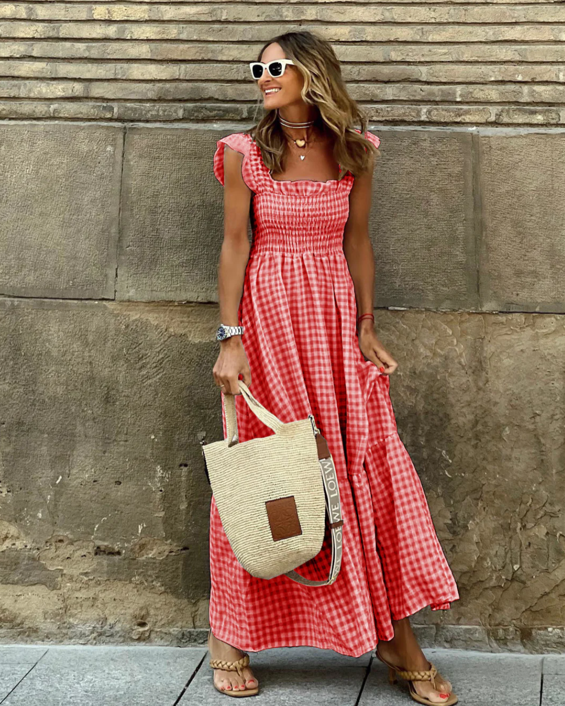 Effortless Gingham Maxi Dress for Women with Square Neck Ruffle Sleeve Smocked Tiered Flowing Style
