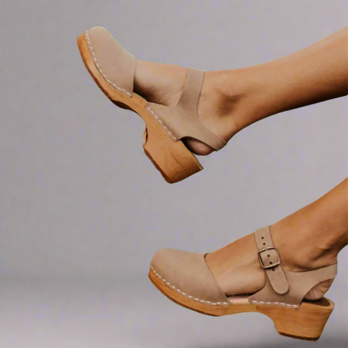 Effortless Leather Clog Sandal for Women with Buckle Strap Wood Platform Heel Casual Style