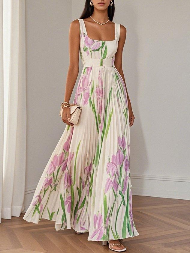 Elegant Floral Maxi Dress for Women with Square Neck Sleeveless Pleated Belted Flowing Style
