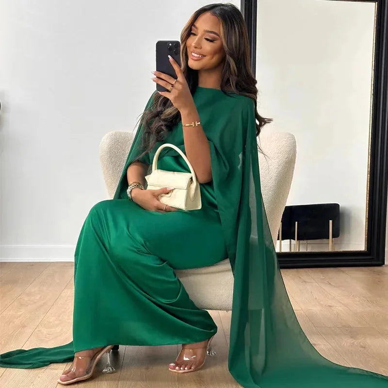 Elegant Chiffon Kaftan Maxi Dress for Women with Boat Neck Cape Sleeve Flowing Draped Style