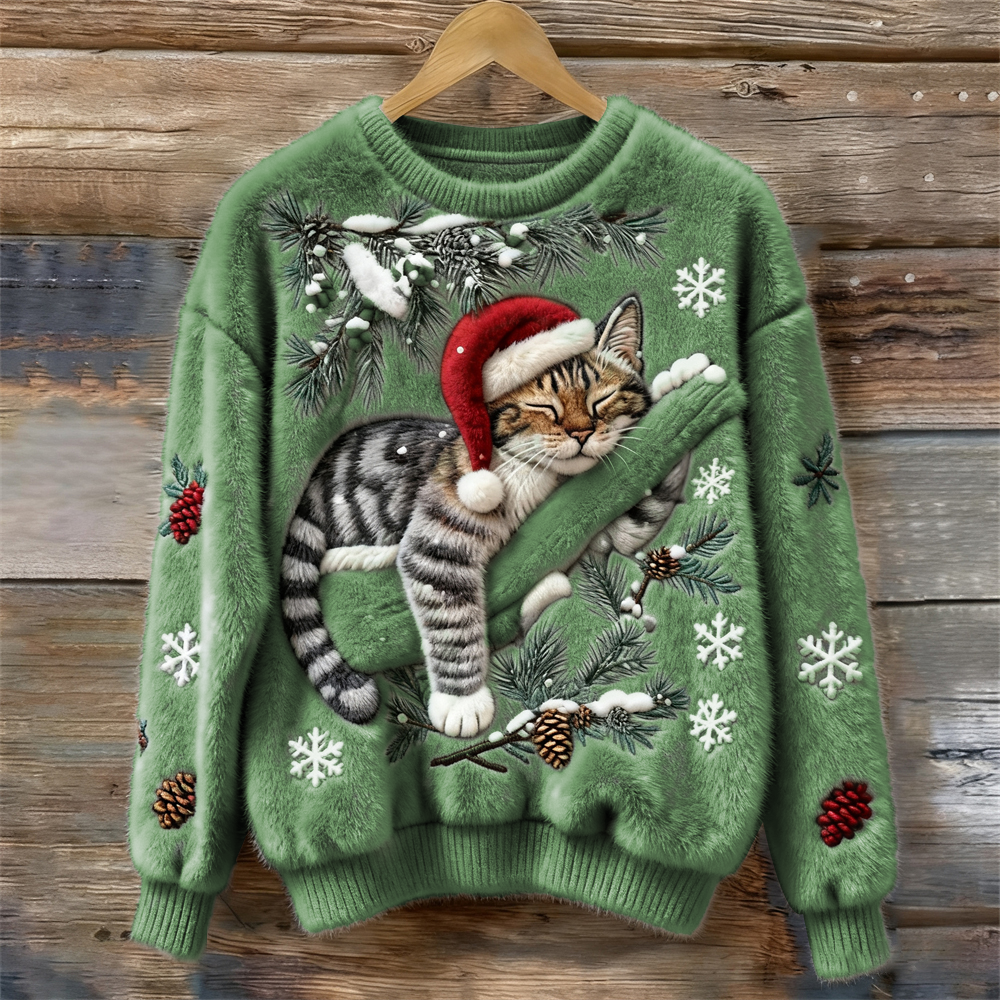 Comfortable Christmas Cat Print Sweater for Women with Crew Neck Long Sleeve Embroidered Fuzzy Knit Style