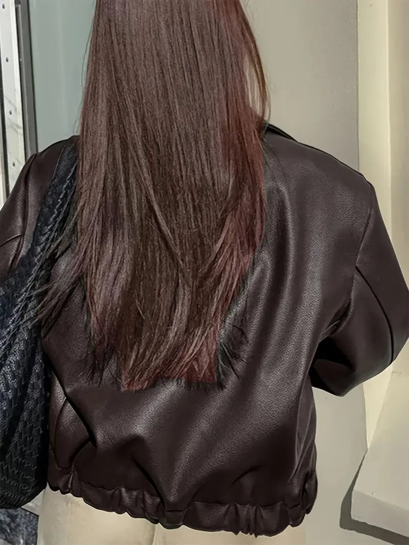 Effortless Faux Leather Jacket for Women with Collar Long Sleeve Zip Front Cropped Oversized Style