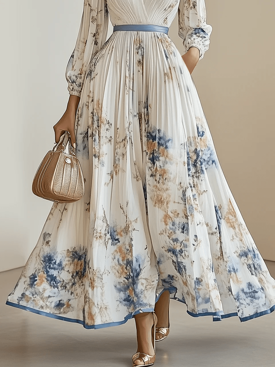 Elegant White Floral Maxi Dress for Women with V Neck Bishop Sleeve Pleated Belted Flowing Style
