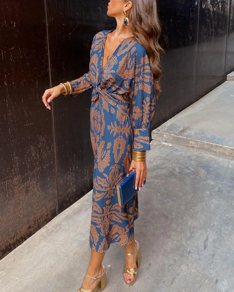 Effortless Printed Maxi Dress for Women with V Neck Balloon Sleeve Twist Front Flowing Boho Style