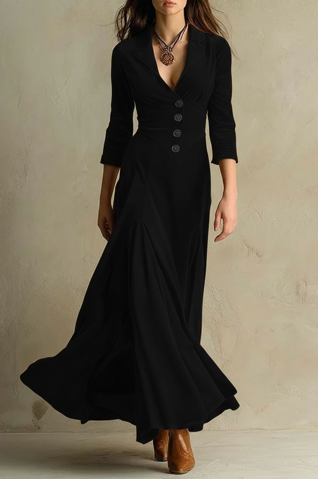 Elegant Velvet Maxi Dress for Women with Notch Lapel Collar Elbow Sleeve Button Front Flared Vintage Style