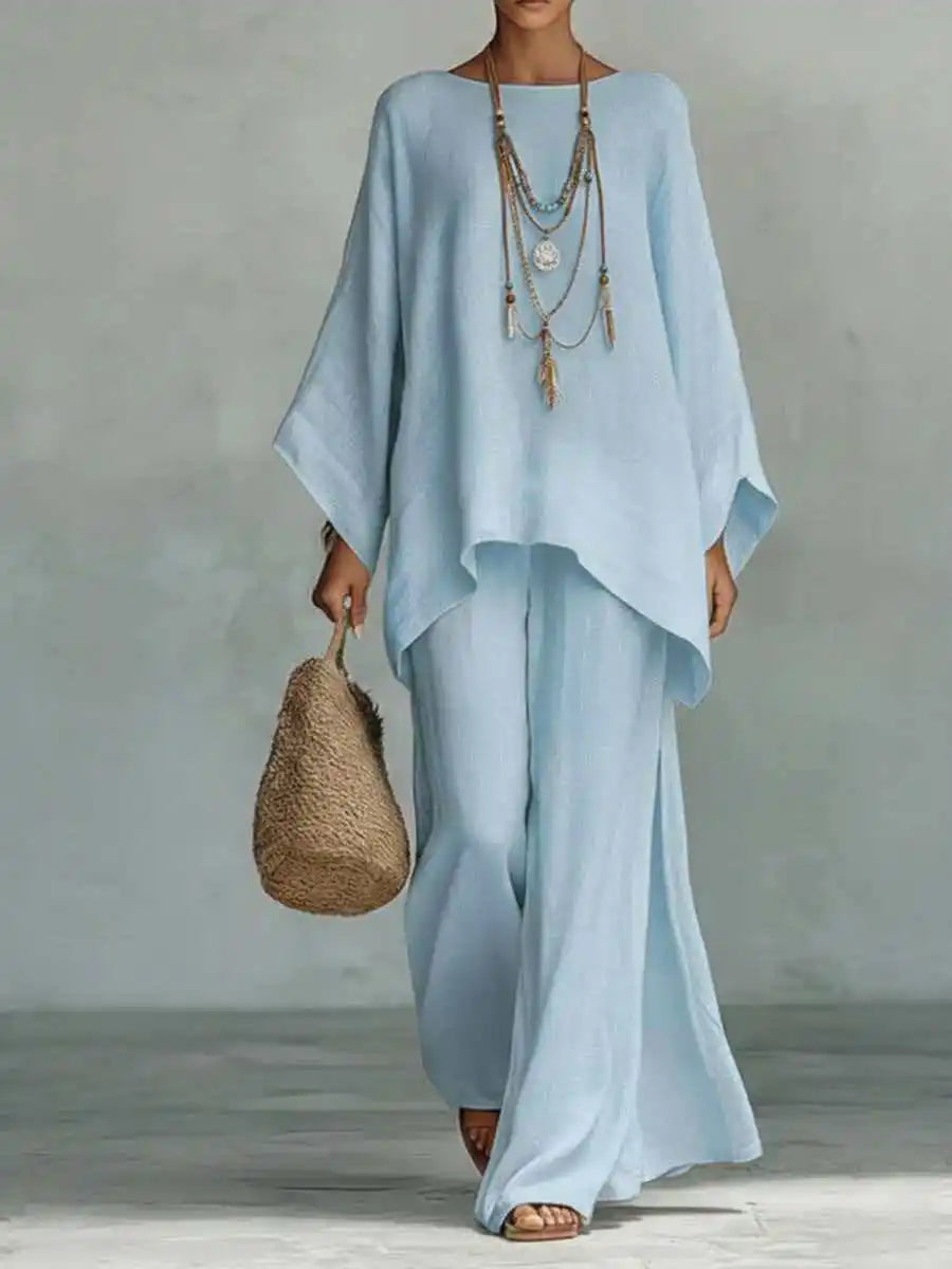 Effortless Linen Wide Leg Set for Women with Round Neck Batwing Sleeve Asymmetric Hem Two Piece Style