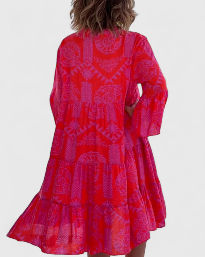 Effortless Printed Kaftan Midi Dress for Women with V Neck Bell Sleeve Tiered Side Slit Bohemian Style